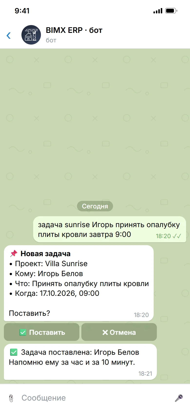 Задача поставлена через бота